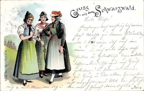 Litho Gruß aus dem Schwarzwald, Schwarzwälderinnen in Tracht