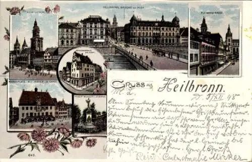 Litho Heilbronn am Neckarm, Brücke mit Post, Denkmal, Marktplatz