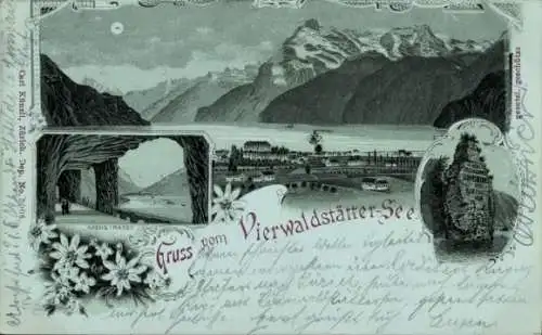 Mondschein Litho Vierwaldstättersee Kanton Uri, See bei Nacht, Fels mit Innschrift, Edelweiß