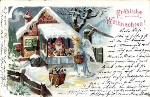 Litho Frohe Weihnachten, Marktstand, Engel, Pfefferküchler