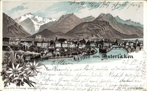 Litho Interlaken Kt Bern, Panoram, Fluss, Alpengipfel