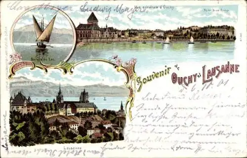 Litho Ouchy Lausanne Kanton Waadt, Hôtel Beau Rivage, Barque du Lac