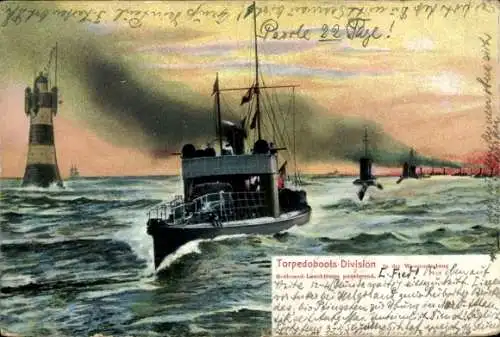 Ak Deutsche Kriegsschiffe, Torpedo Division in der Wesermündung, Roter Sand Leuchtturm