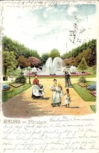 Litho Pforzheim im Schwarzwald, Spaziergang im Stadtgarten