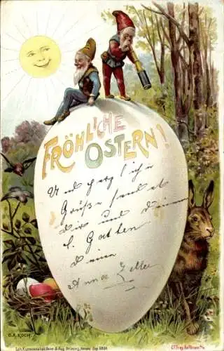 Litho Glückwunsch Ostern, Zwerge, Osterei, Osterhase, Sonnenschein