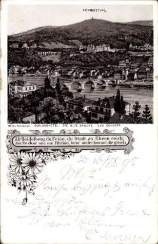 Litho Heidelberg am Neckar, Hotel Bellevue, Schlosshotel, Alte Brücke, Schloss, Königsstuhl