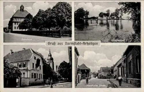 Ak Arheilgen Darmstadt in Hessen, Schulhaus, Schwimmbad, Frankfurter Straße, Kirche