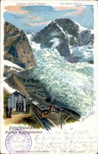 Künstler Ak Kanton Bern, Jungfrau, Jungfraubahn, Station Eigergletscher