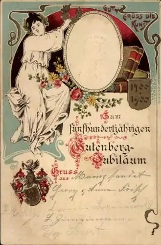 Präge Wappen Litho 500jh. Gutenberg Jubiläum 1400 - 1900