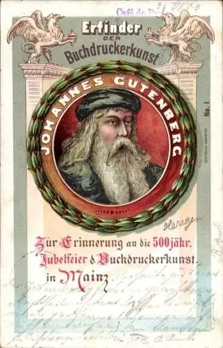 Passepartout Litho Mainz am Rhein, Johannes Gutenberg, Portrait, 500 jähr. Feier d. Buchdruckerkunst