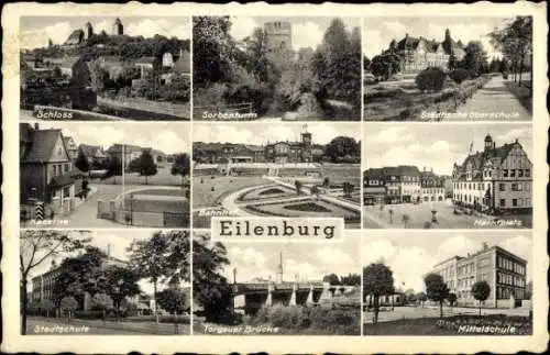 Ak Eilenburg an der Mulde, Schloss, Sorbenturm, Kaserne, Bahnhof, Städtische Oberschule, Markt