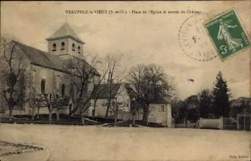 Ak Neauphle le Vieux Yvelines, Place de l'Eglise, Kirche, Schlosseingang