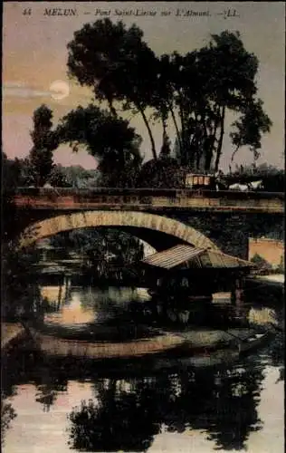 Ak Melun Seine et Marne, Brücke Saint Liesne über Almont, Mondschein, Nacht, Kutsche