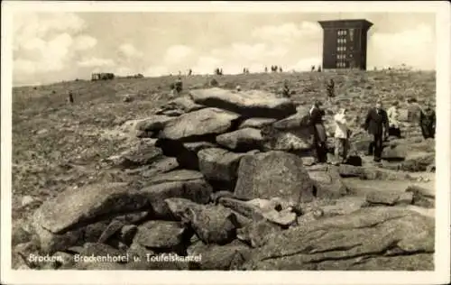 Ak Brocken im Harz, Brockenhotel, Teufelskanzel