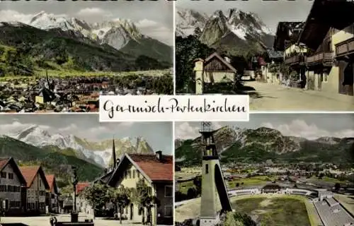 Ak Garmisch Partenkirchen in Oberbayern, Gesamtansicht mit Zugspitze, Frühlingsstraße, Floriansplatz