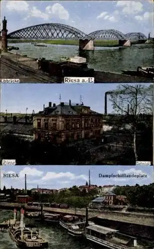 Ak Riesa an der Elbe Sachsen, Elbbrücke, Bahnhof, Dampfschifflandeplatz