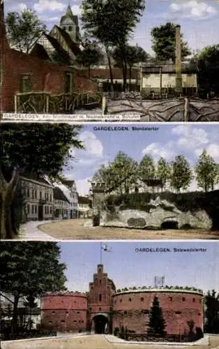 Ak Gardelegen in der Altmark, Stadtmauer, Nicolaikirche, Schulen, Stendalertor, Salzwedeler Tor