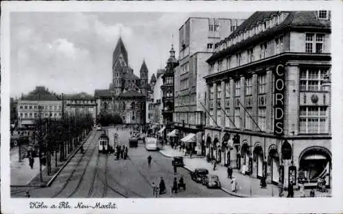 Ak Köln am Rhein, Teilansicht, Neumarkt, Kirchturm, Straßenbahn