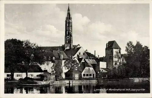 Ak Landshut in Niederbayern, Teilansicht, Martinsturm, Isarpartie