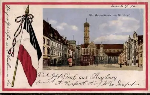 Ak Augsburg in Schwaben, obere Maximilianstraße, St. Ulrich, Fahne