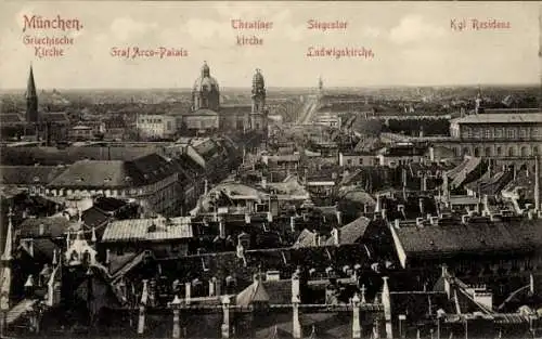 Ak München, Teilansicht, Griechische Kirche, Graf Arco-Palais, Theatiner Kirche, Siegestor