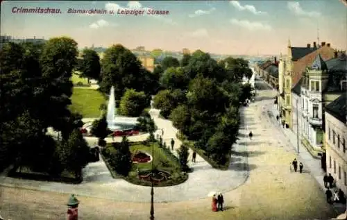 Ak Crimmitschau in Sachsen, Bismarckhain, Leipziger Straße, Springbrunnen