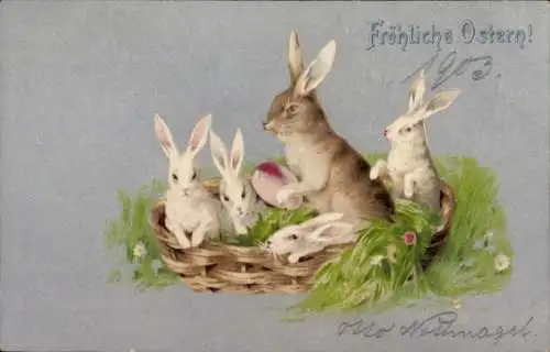 Litho Glückwunsch Ostern, Osterhasen in Korb, Osterei, Gras