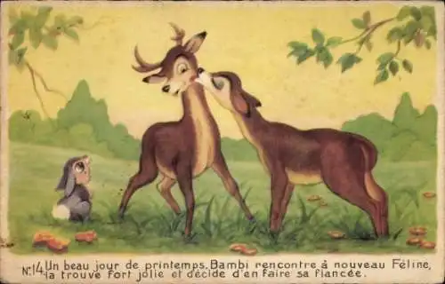 Ak Walt Disney, Bambi und Hase Klopfer, Un beau jour de printemps