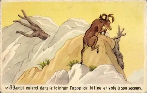 Ak Walt Disney, Bambi entend dans le lointain l'appel de Féline et vole à son secours