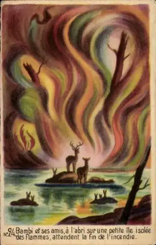 Ak Walt Disney, Bambi, Rehe, Flammen