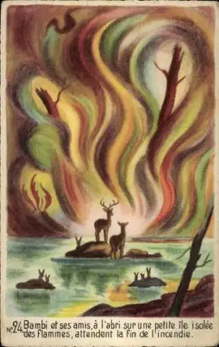 Ak Walt Disney, Bambi, Rehe, Flammen