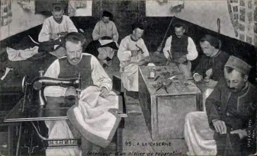 Ak A la Caserne, Intérieur d'un atelier de réparation, Singer Nähmaschine, Schuster