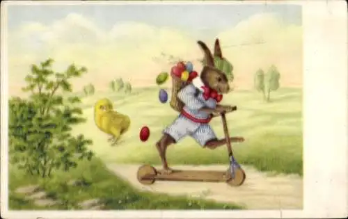 Ak Ostern, Osterhase fährt Roller, Ostereier, Korb, Küken