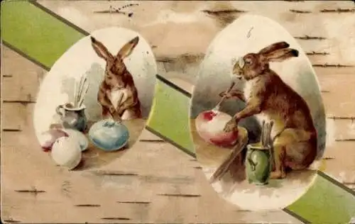 Litho Glückwunsch Ostern, Hasen bemalen Ostereier