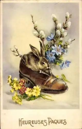 Ak Glückwunsch Ostern, Osterhase im Schuh, Blumen, Weidenkätzchen