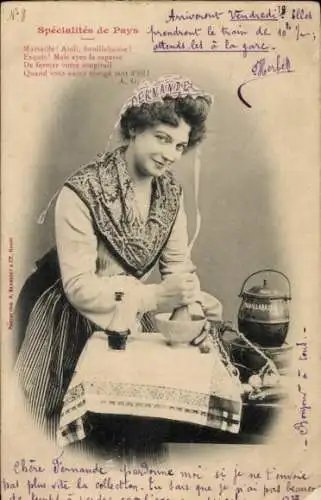 Ak Marseille Bouches du Rhône, Spécialités de Pays, Bouillabaisse, Frau in Volkstracht