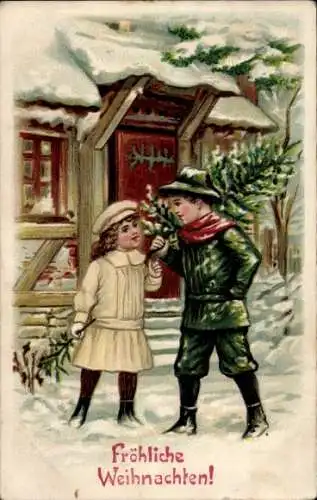 Präge Litho Glückwunsch Weihnachten, Kinder, Tannenbaum, Wohnhaus