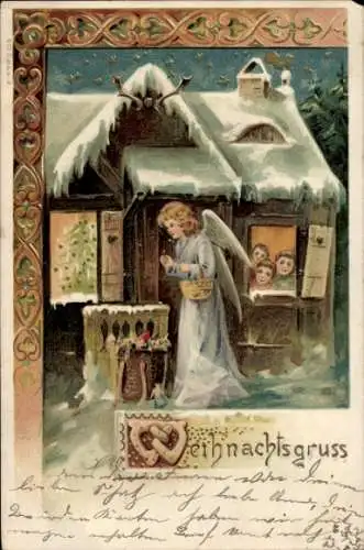 Litho Weihnachtsgruß, Engel, Kinder am Fenster