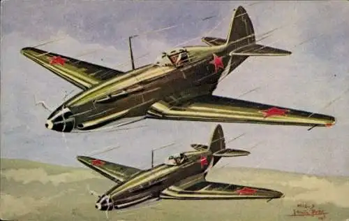 Künstler Ak Louis Petit, Russische Militärflugzeuge, MIG 3, Jagdflugzeuge, Sowjetunion, UdSSR