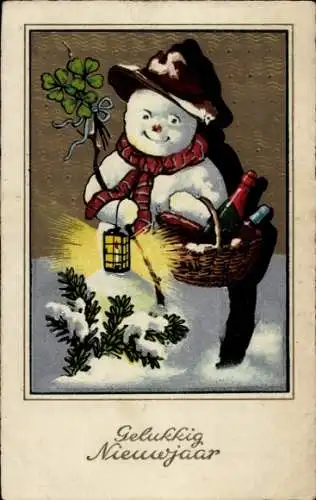 Präge Ak Glückwunsch Neujahr, Schneemann, Korb, Handlaterne