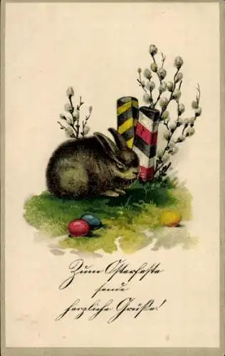 Ak Glückwunsch Ostern, Osterhase, Ostereier, Weidenkätzchen, Grenzsteine