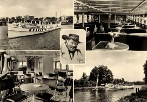 Ak Weiße Flotte Berlin, Fahrgastschiff, Innenansicht, Portrait Heinrich Zille