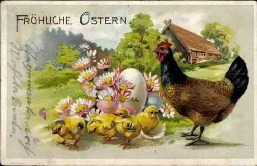 Ak Glückwunsch Ostern, Henne mit Küken, Ostereier, Gänseblümchen, Bauernhaus