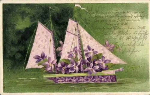 Präge Litho Segelboot aus Veilchen, Blumenbild, Amitié reste