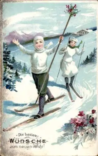 Präge Ak Glückwunsch Neujahr, Skifahrer, Winterlandschaft