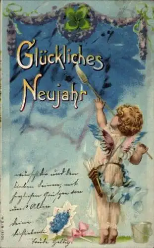 Litho Glückwunsch Neujahr, Engel, Malpinsel, Kleeblatt, Blumenstrauß