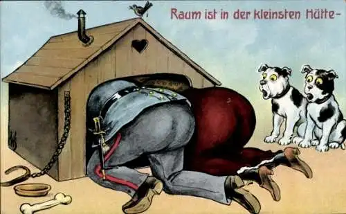 Künstler Ak Mann und Frau kriechen in Hundehütte, Raum ist in der kleinsten Hütte