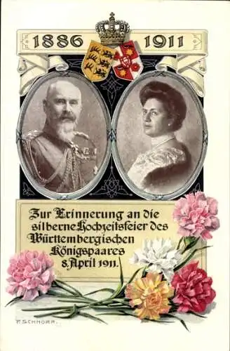 Künstler Ak Schnorr, König Wilhelm II v. Württemberg, Königin Charlotte, Silberhochzeit 1911, Wappen