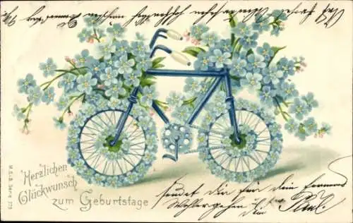 Präge Litho Fahrrad aus Vergissmeinnicht, Kitsch