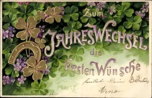 Präge Ak Glückwunsch Neujahr, Glücksklee, Blumen, Hufeisen